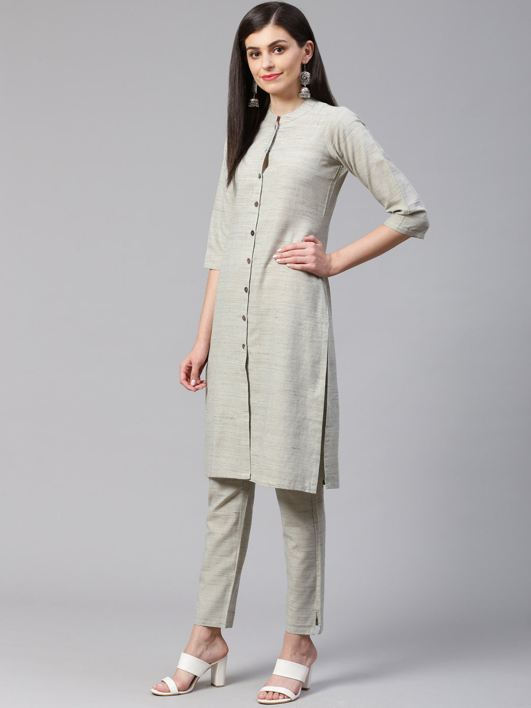Jompers Women Grey Woven Design Kurta with Trousers - Distacart