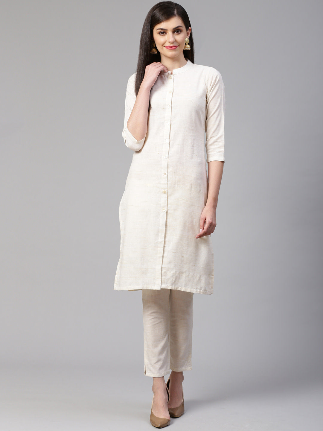 Jompers Women Off-White Woven Design Kurta with Trousers - Distacart