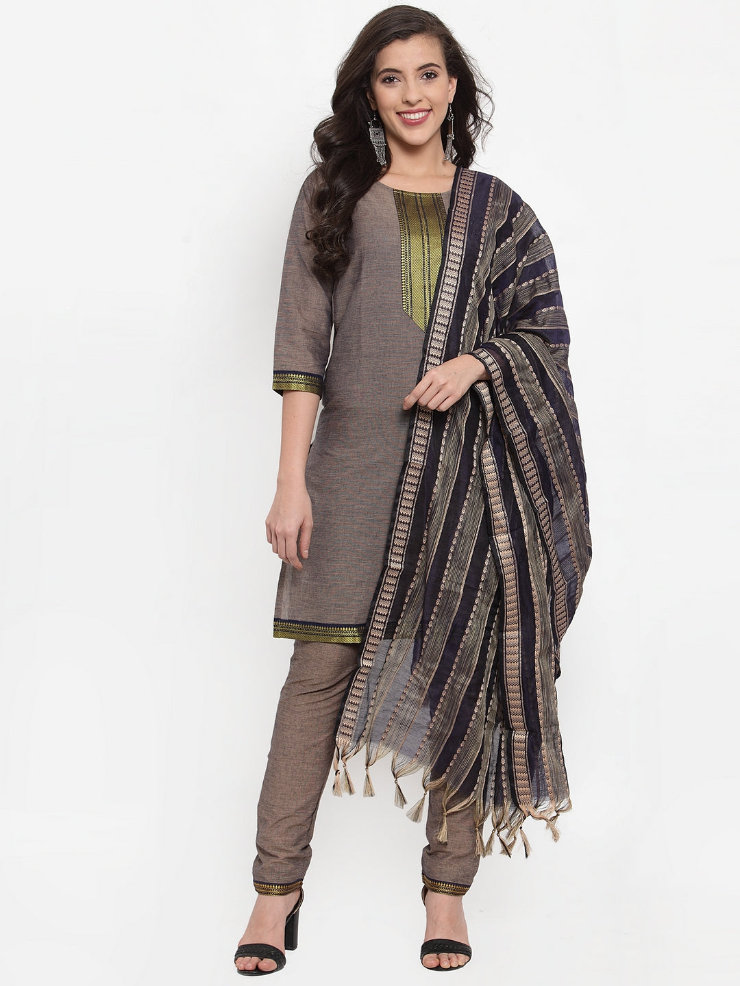 Jompers Women Grey Solid Kurta with Trousers & Dupatta - Distacart