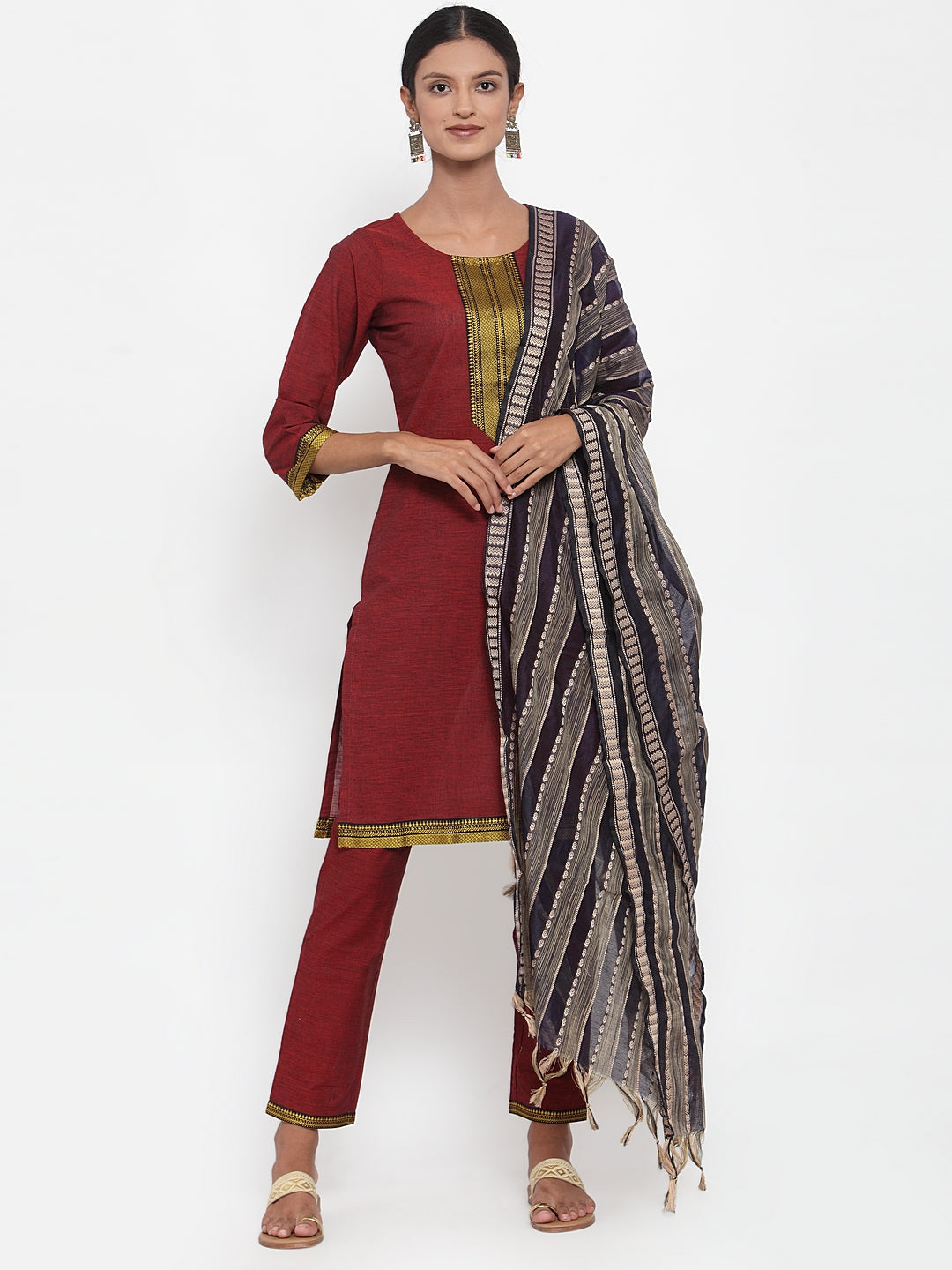 Jompers Women Maroon Solid Kurta with Trousers & Dupatta - Distacart