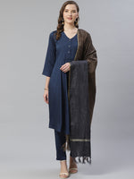 Thumbnail for Jompers Women Navy Blue & Charcoal Grey Self Design Kurta with Trousers & Dupatta - Distacart