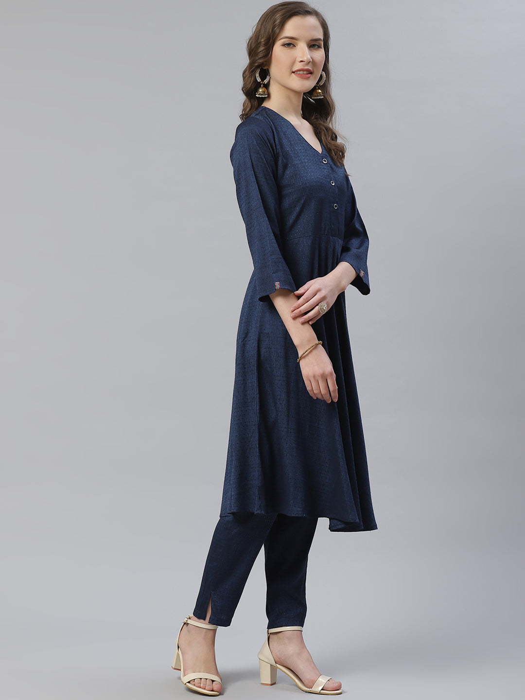 Jompers Women Navy Blue & Charcoal Grey Self Design Kurta with Trousers & Dupatta - Distacart