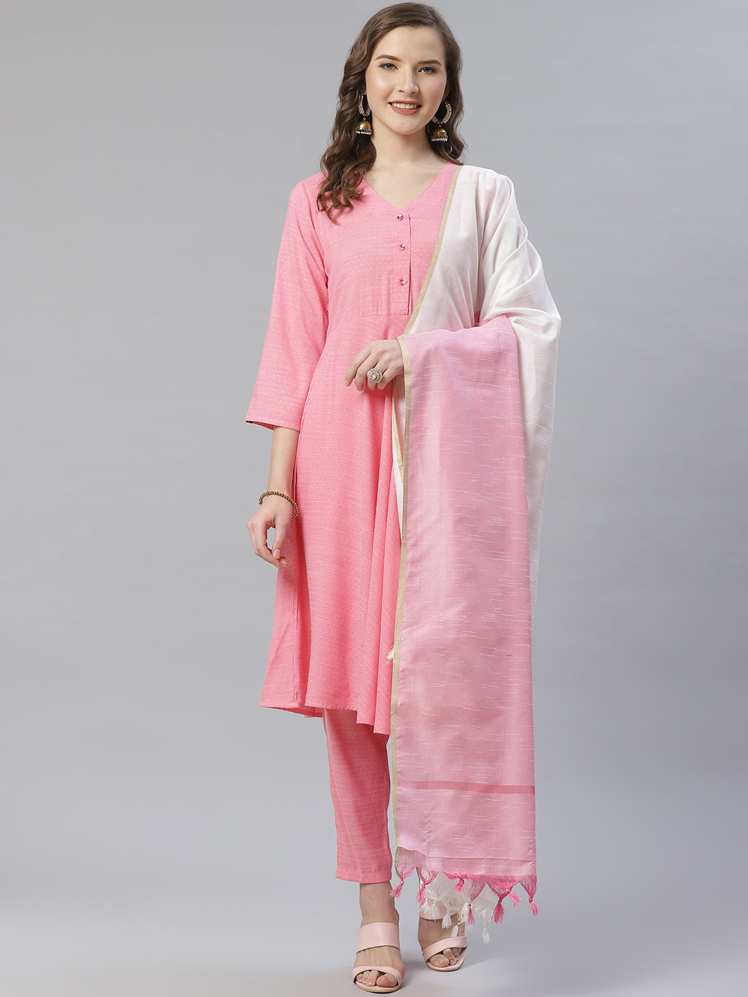 Jompers Women Pink & White Self Design Kurta with Trousers & Dupatta - Distacart