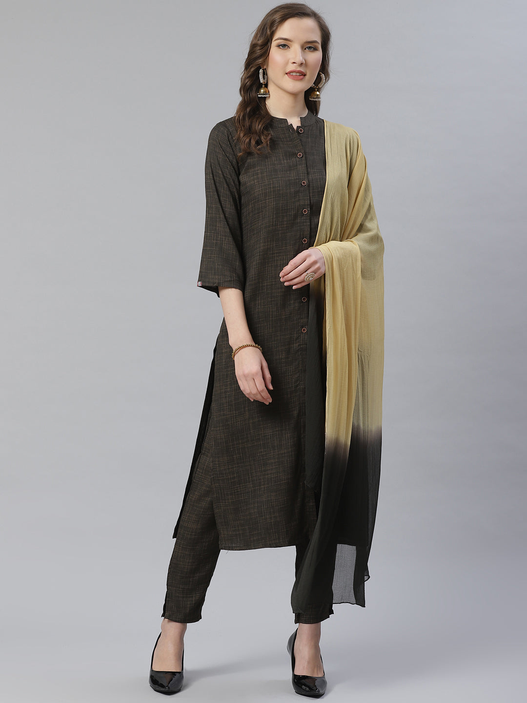 Jompers Women Charcoal Grey & Beige Self Checked Kurta with Trousers & Dupatta (Olive) - Distacart