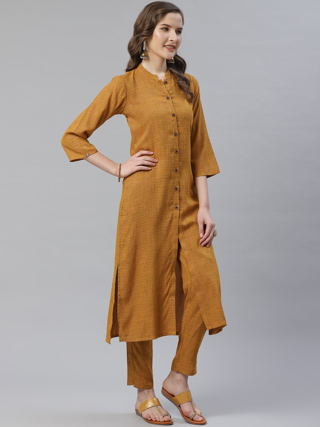 Jompers Women Mustard & Beige Self Checked Kurta with Trousers & Dupatta - Distacart