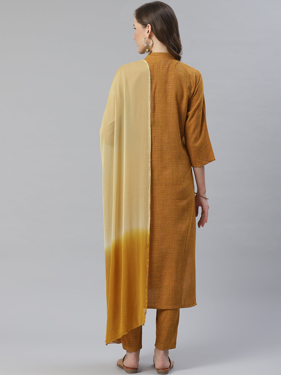 Jompers Women Mustard & Beige Self Checked Kurta with Trousers & Dupatta - Distacart