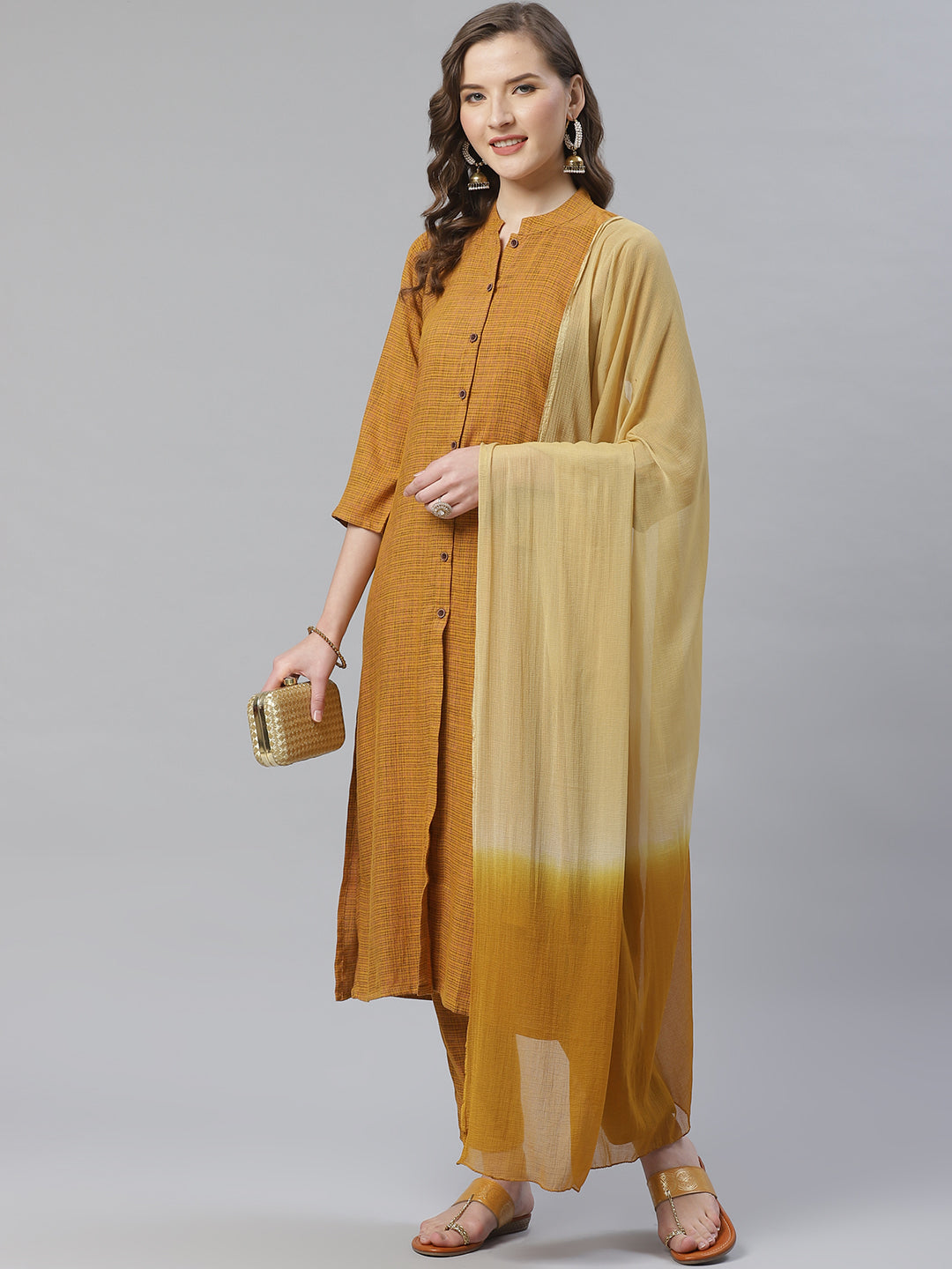 Jompers Women Mustard & Beige Self Checked Kurta with Trousers & Dupatta - Distacart