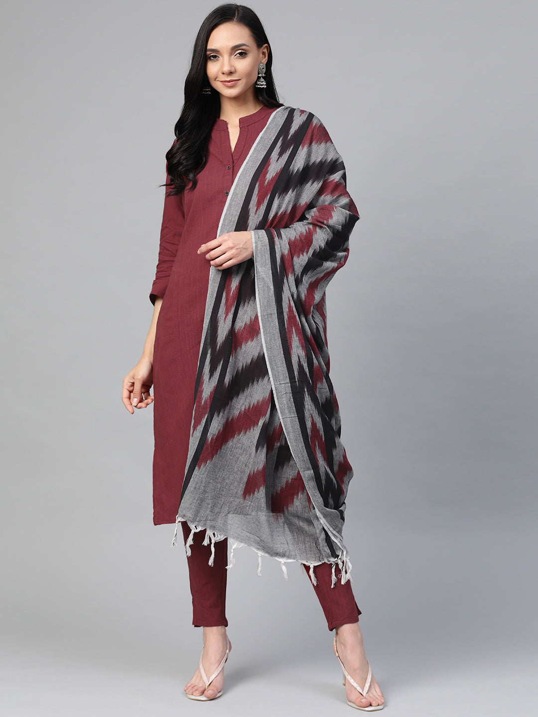 Jompers Women Maroon & Grey Solid Kurta with Trousers & Dupatta - Distacart