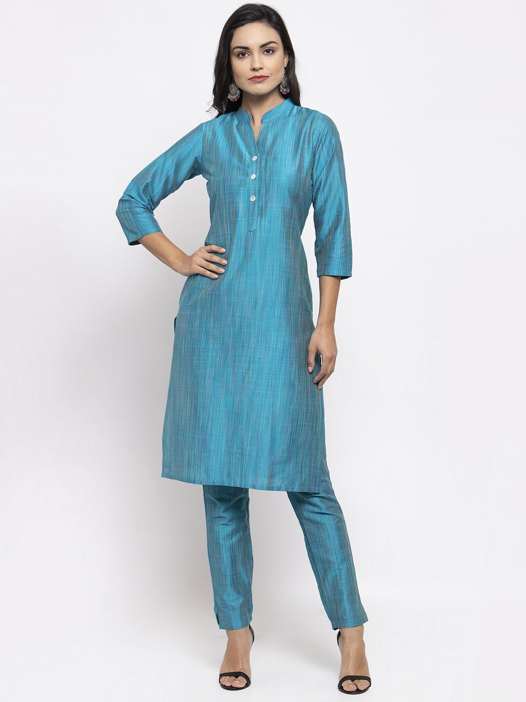 Jompers Women Blue & Green Self-Striped Kurta with Trousers & Printed Dupatta - Distacart
