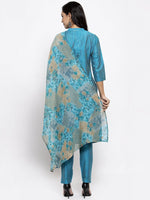 Thumbnail for Jompers Women Blue & Green Self-Striped Kurta with Trousers & Printed Dupatta - Distacart
