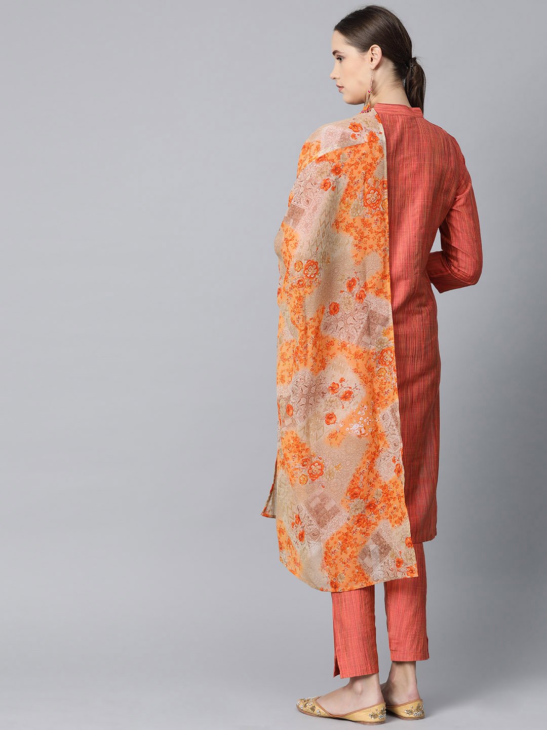 Jompers Women Rust Orange & Beige Self-Striped Kurta with Trousers & Dupatta - Distacart