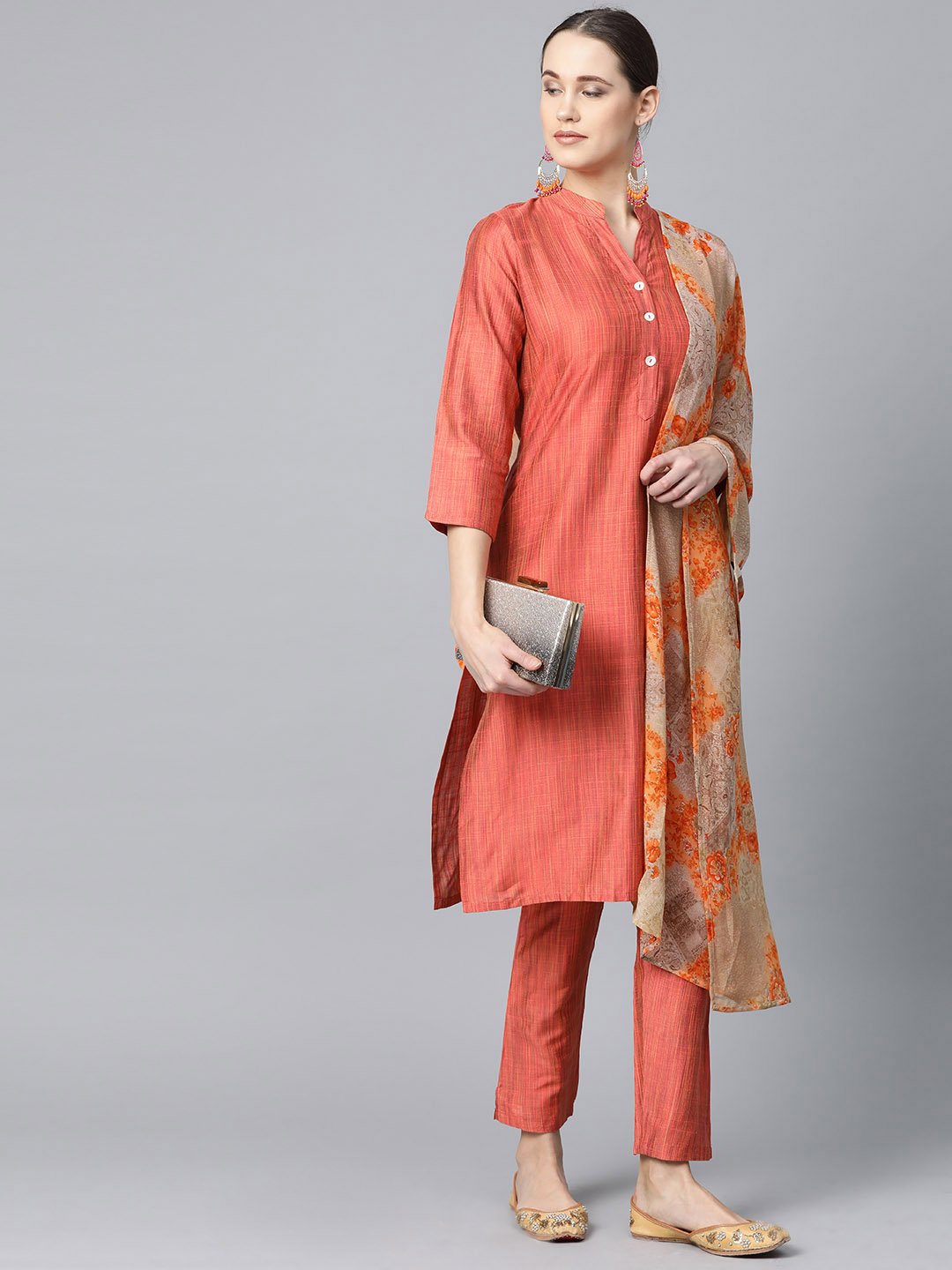 Jompers Women Rust Orange & Beige Self-Striped Kurta with Trousers & Dupatta - Distacart