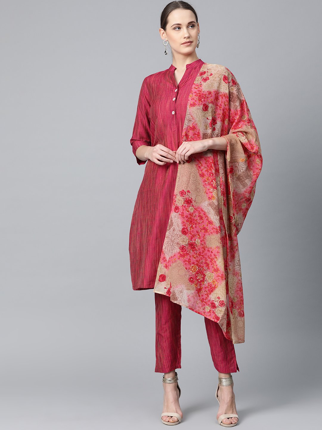 Jompers Women Pink & Beige Self-Striped Kurta with Trousers & Dupatta - Distacart