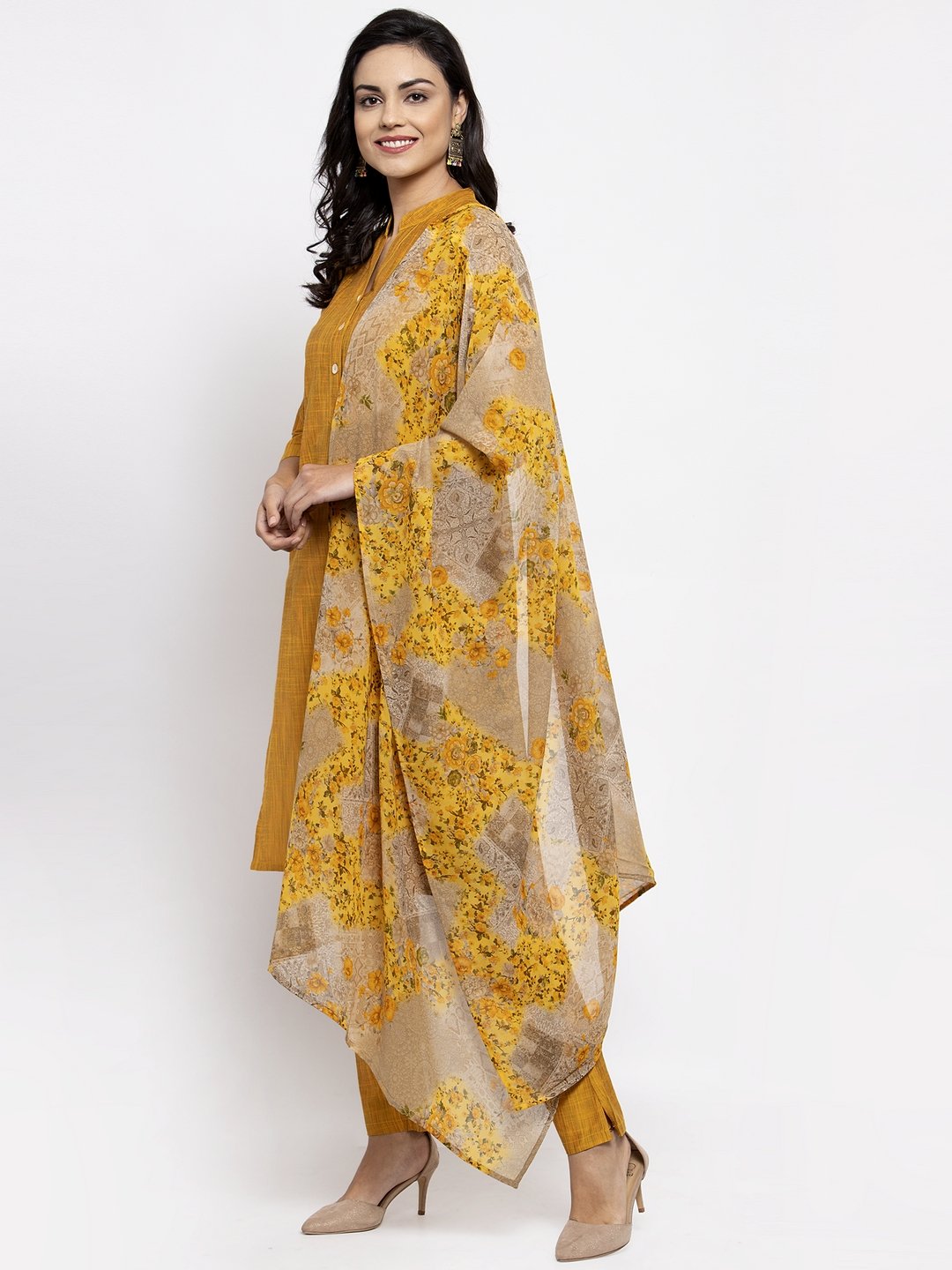 Jompers Women Yellow Self-Striped Kurta with Trousers & Floral Gorgette Dupatta - Distacart