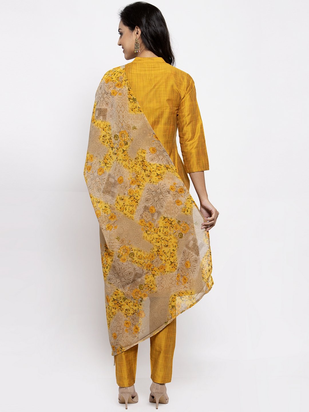 Jompers Women Yellow Self-Striped Kurta with Trousers & Floral Gorgette Dupatta - Distacart