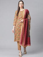 Thumbnail for Jompers Women Mustard Yellow & Maroon Floral Pure Cotton Kurta with Trousers & Dupatta - Distacart