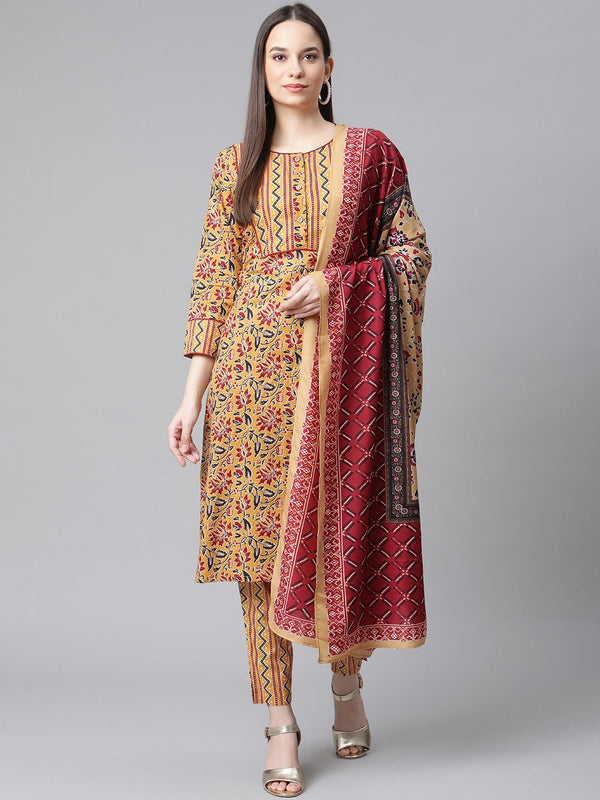 Jompers Women Mustard Yellow & Maroon Floral Pure Cotton Kurta with Trousers & Dupatta - Distacart