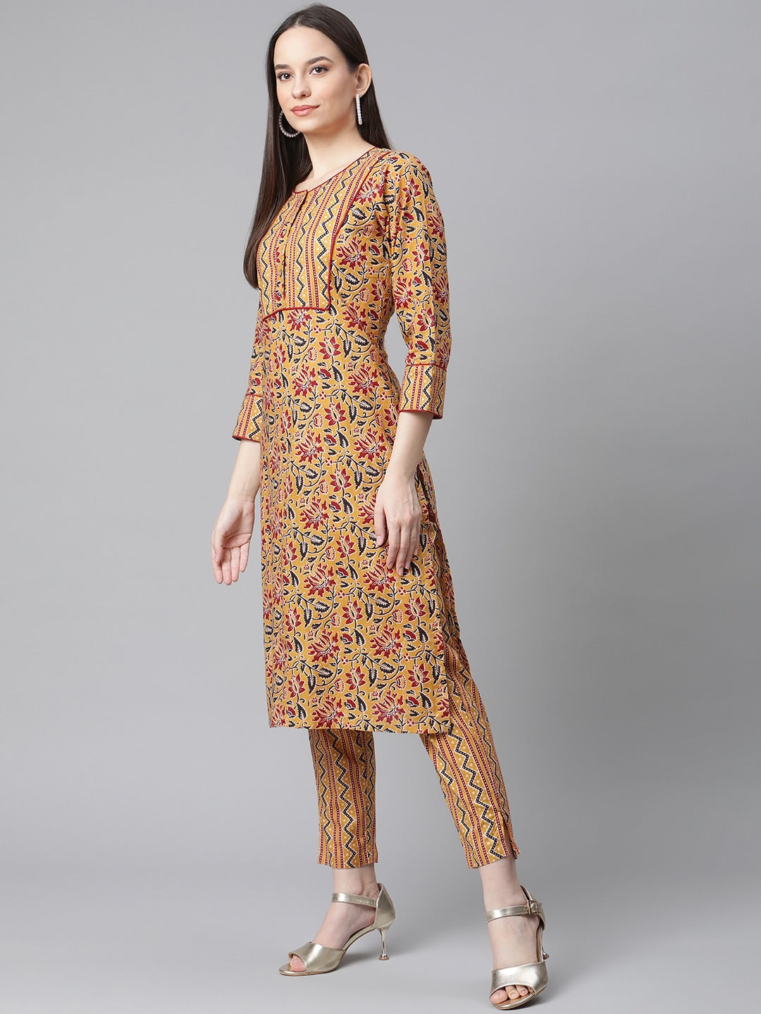 Jompers Women Mustard Yellow & Maroon Floral Pure Cotton Kurta with Trousers & Dupatta - Distacart