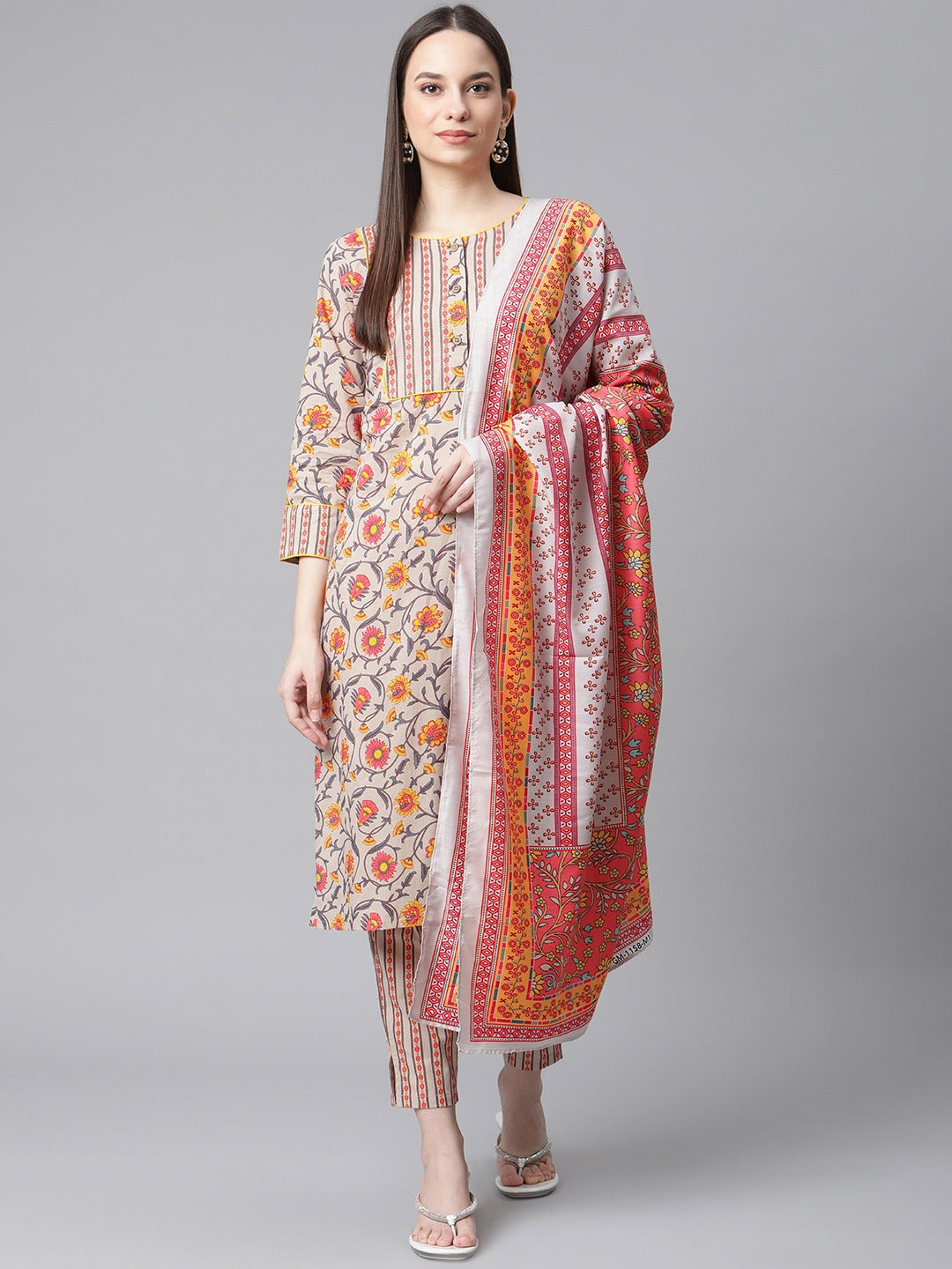 Jompers Women Grey & Peach Floral Pure Cotton Kurta with Trousers & Dupatta - Distacart
