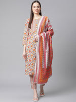 Thumbnail for Jompers Women Grey & Peach Floral Pure Cotton Kurta with Trousers & Dupatta - Distacart