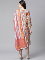 Thumbnail for Jompers Women Grey & Peach Floral Pure Cotton Kurta with Trousers & Dupatta - Distacart