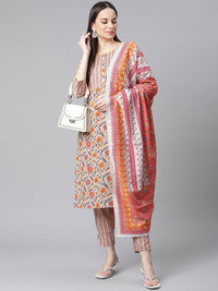 Thumbnail for Jompers Women Grey & Peach Floral Pure Cotton Kurta with Trousers & Dupatta - Distacart