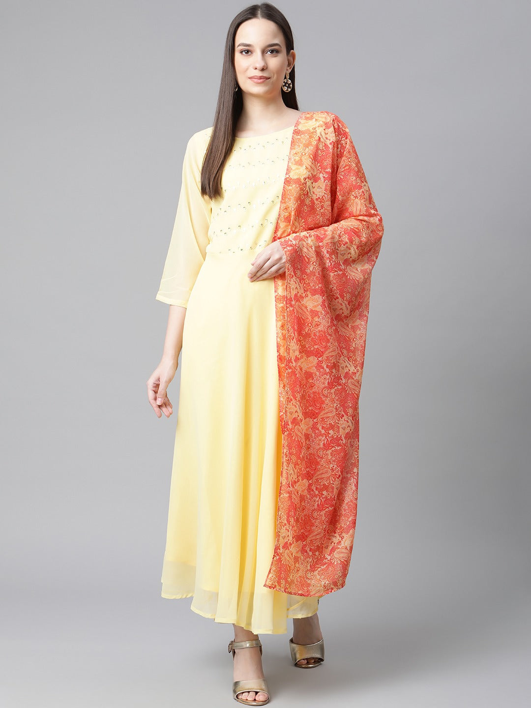 Jompers Women Yellow Embroidered Regular Sequinned Kurta with Trousers & With Dupatta - Distacart