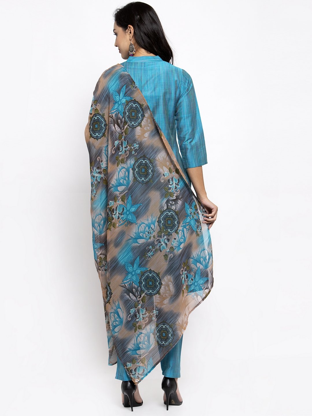 Jompers Women Blue & Green Self-Striped Kurta with Trousers & Printed Georgette Dupatta - Distacart