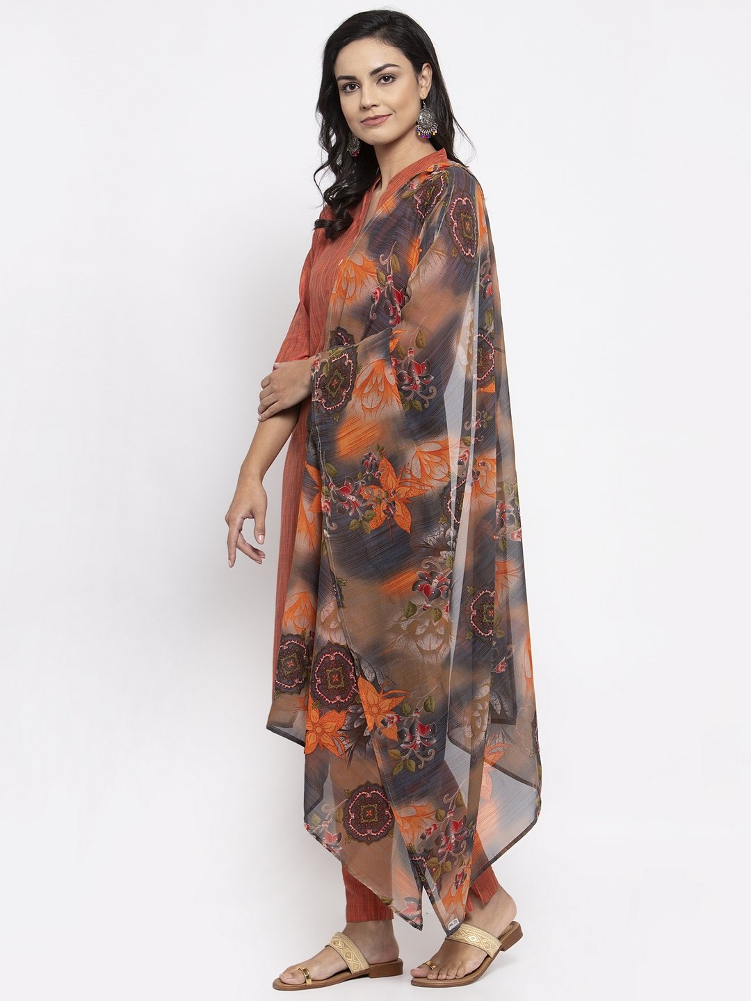 Jompers Women Orange Self-Striped Kurta with Trousers & Georgette Dupatta - Distacart