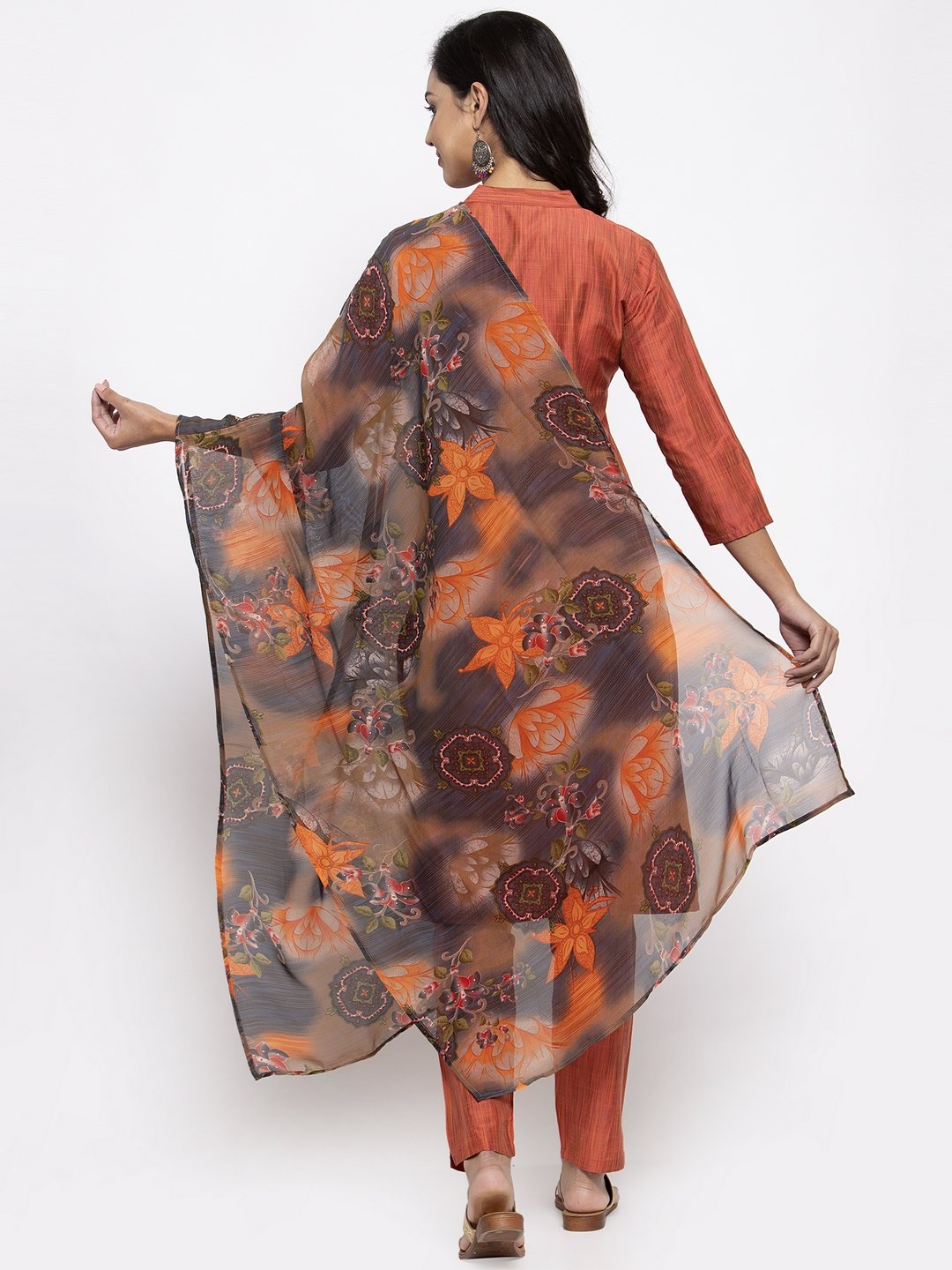 Jompers Women Orange Self-Striped Kurta with Trousers & Georgette Dupatta - Distacart