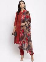 Thumbnail for Jompers Women Red Self-Striped Kurta with Trousers & Georgette Dupatta - Distacart