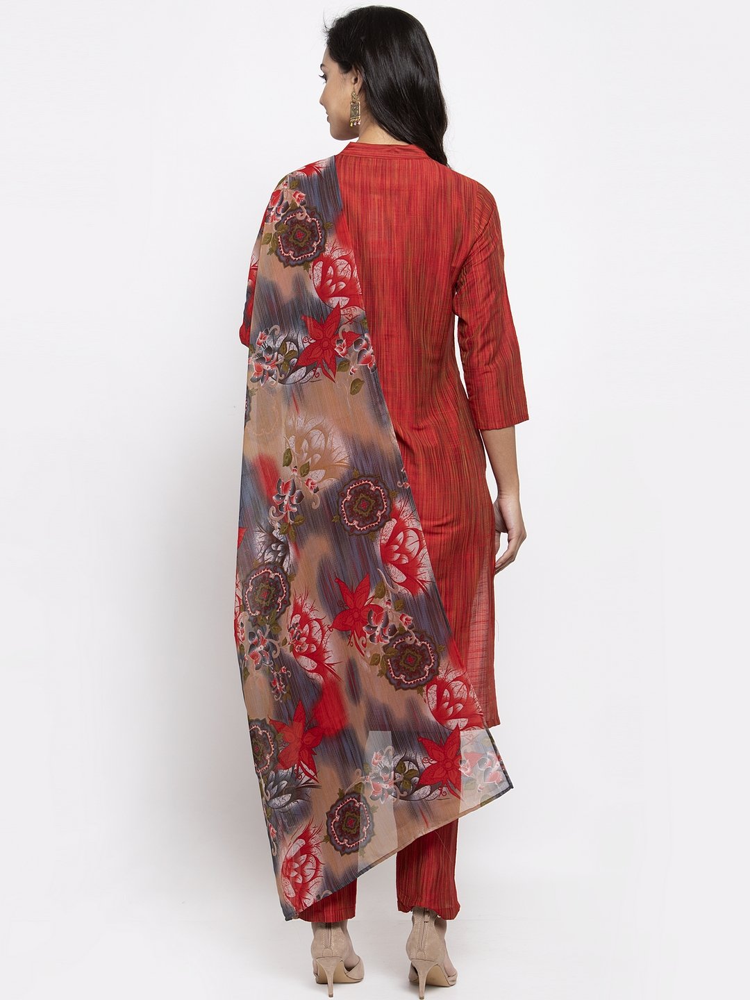 Jompers Women Red Self-Striped Kurta with Trousers & Georgette Dupatta - Distacart