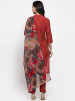 Thumbnail for Jompers Women Red Self-Striped Kurta with Trousers & Georgette Dupatta - Distacart