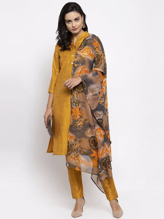 Jompers Women Yellow Self-Striped Kurta with Trousers & Gorgette Dupatta - Distacart