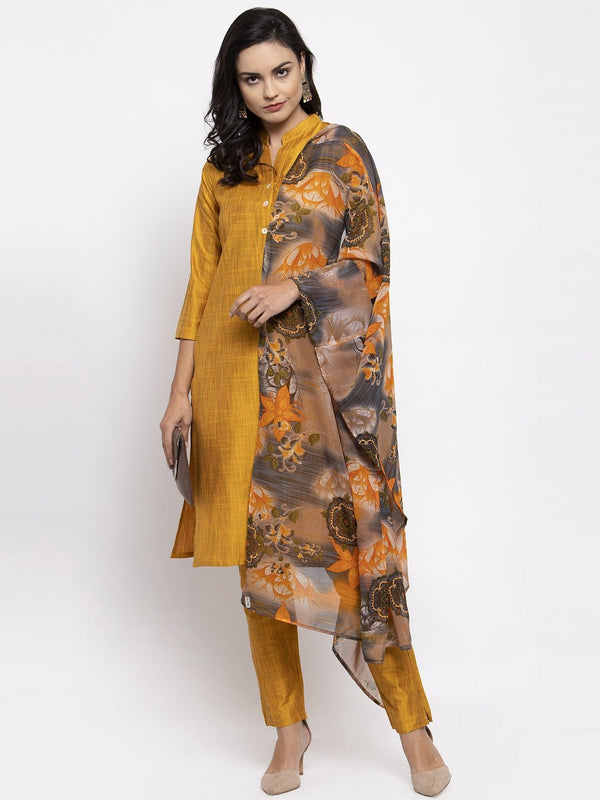 Jompers Women Yellow Self-Striped Kurta with Trousers & Gorgette Dupatta - Distacart