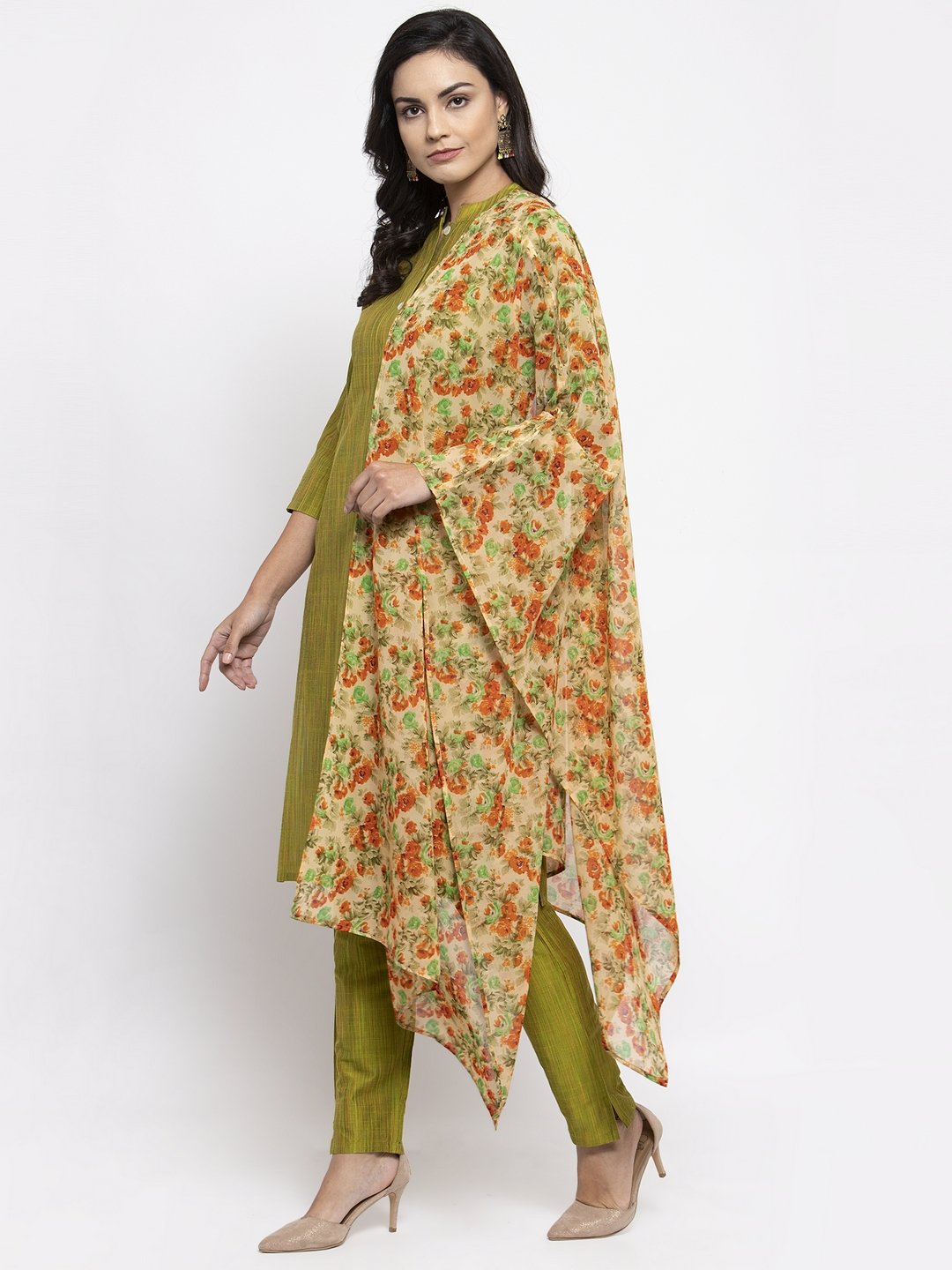 Jompers Women Green Self-Striped Kurta with Trousers & Floral Georgette Dupatta - Distacart