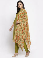 Thumbnail for Jompers Women Green Self-Striped Kurta with Trousers & Floral Georgette Dupatta - Distacart