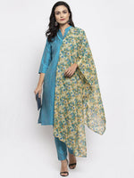 Thumbnail for Jompers Women Blue & Green Self-Striped Kurta with Trousers & Floral Georgette Dupatta - Distacart