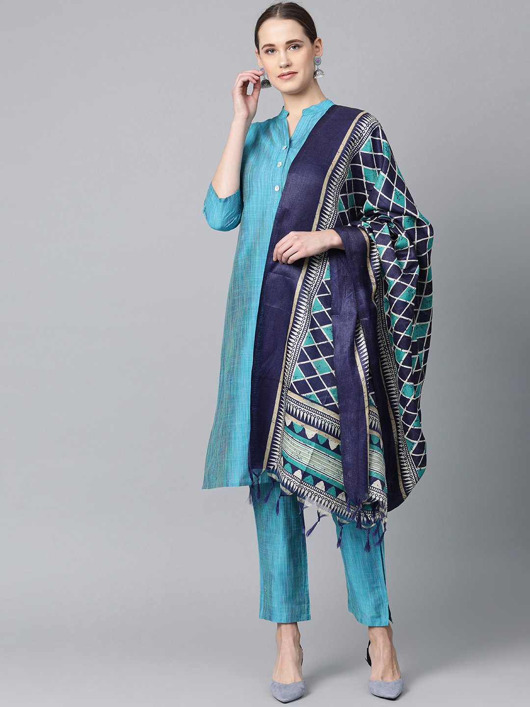 Jompers Women Blue & Green Self-Striped Kurta with Trousers & Dupatta - Distacart