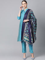 Thumbnail for Jompers Women Blue & Green Self-Striped Kurta with Trousers & Dupatta - Distacart