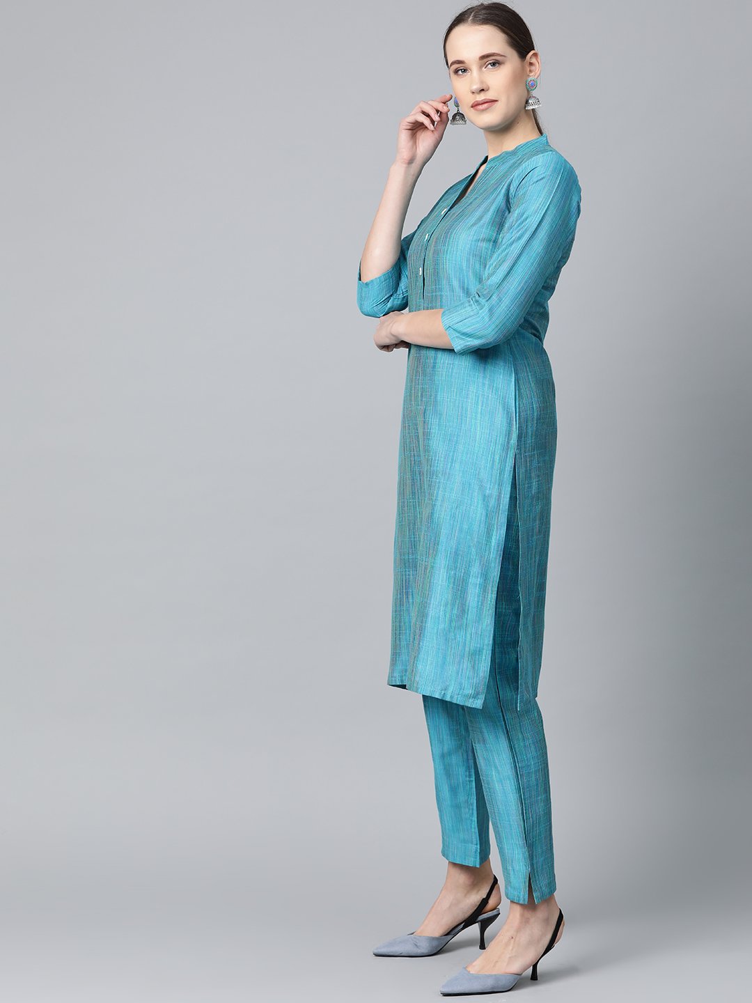 Jompers Women Blue & Green Self-Striped Kurta with Trousers & Dupatta - Distacart