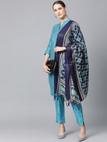 Thumbnail for Jompers Women Blue & Green Self-Striped Kurta with Trousers & Dupatta - Distacart