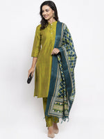 Thumbnail for Jompers Women Green Self-Striped Kurta with Trousers & Art Silk Dupatta - Distacart