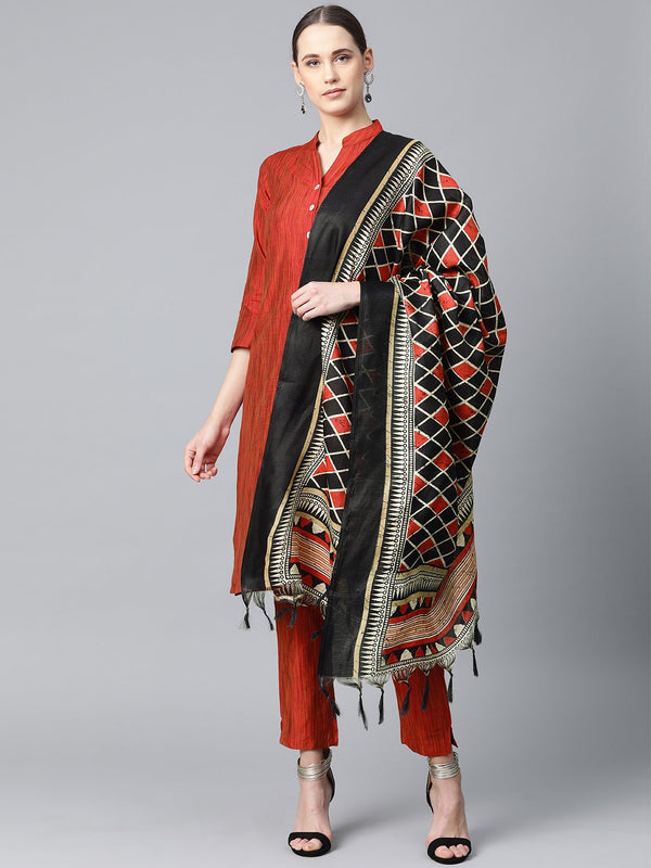 Jompers Women Red & Black Self-Striped Kurta with Trousers & Dupatta - Distacart