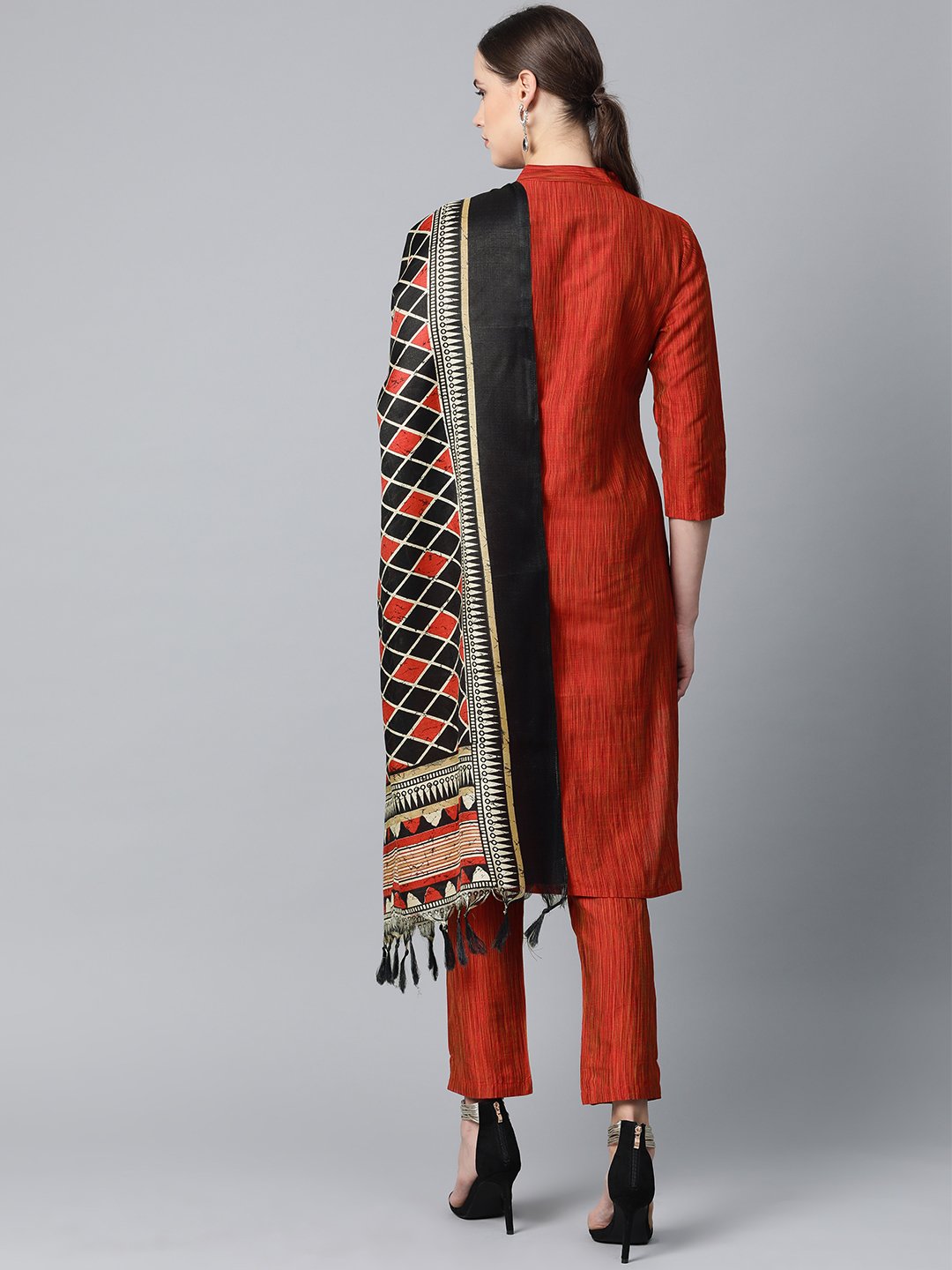 Jompers Women Red & Black Self-Striped Kurta with Trousers & Dupatta - Distacart