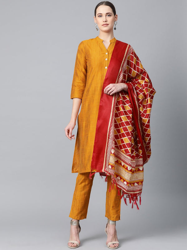 Jompers Women Mustard & Red Self-Striped Kurta with Trousers & Dupatta - Distacart