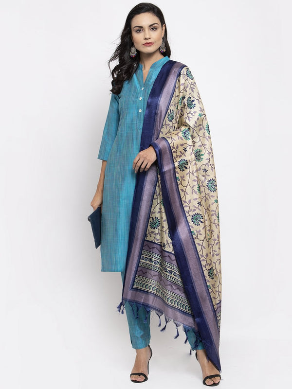 Jompers Women Blue & Green Self-Striped Kurta with Trousers & Printed Dupatta - Distacart