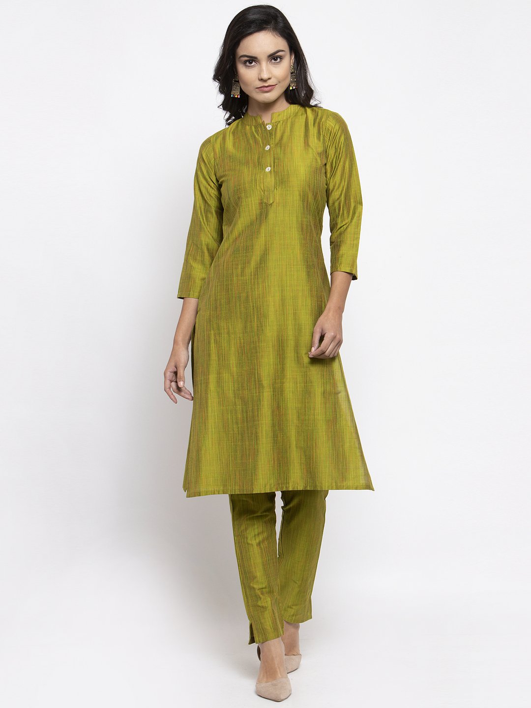 Jompers Women Green Self-Striped Kurta with Trousers & Art Silk Dupatta - Distacart