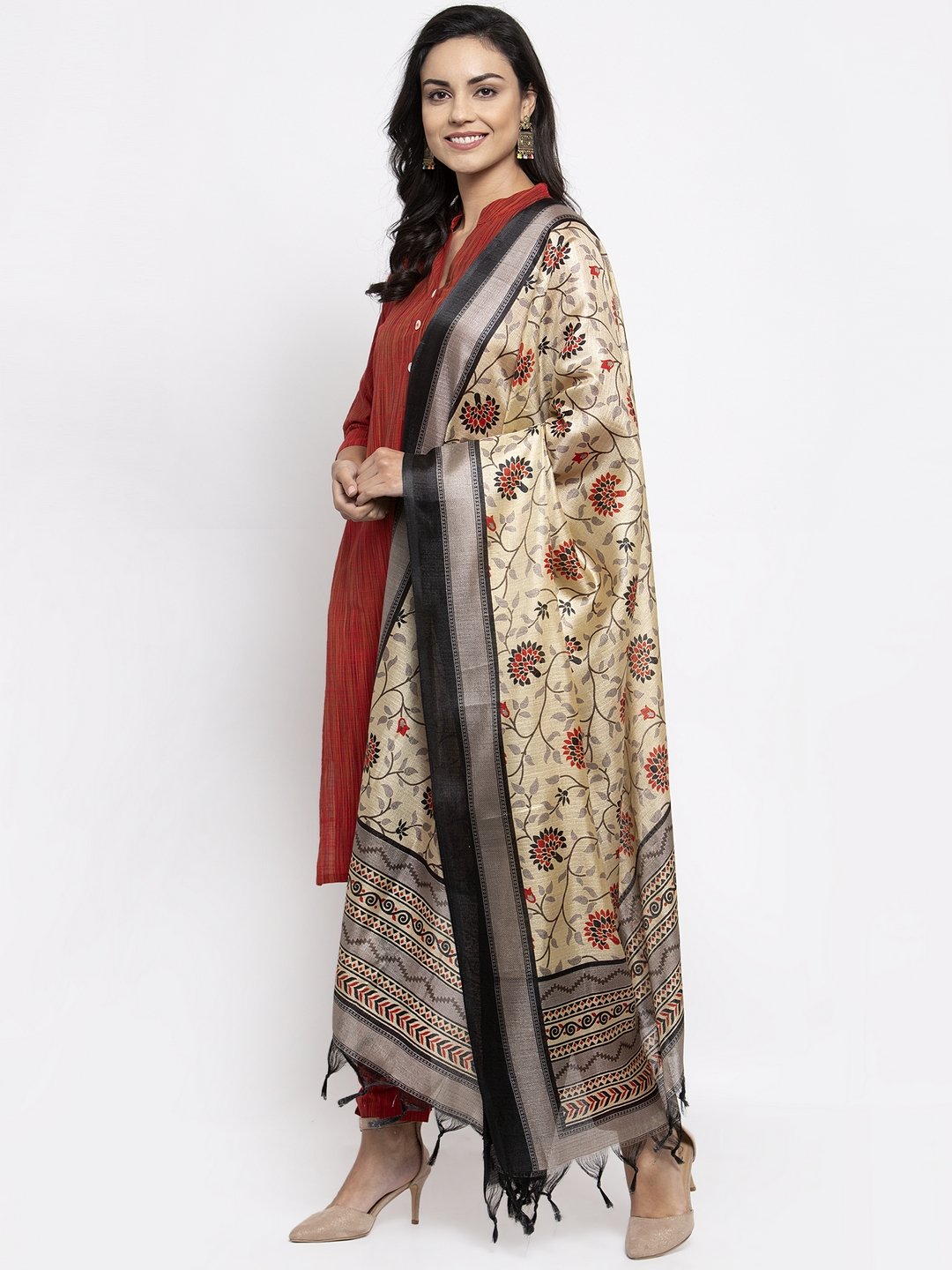 Jompers Women Red Self-Striped Kurta with Trousers & Art Silk Dupatta - Distacart