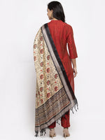 Thumbnail for Jompers Women Red Self-Striped Kurta with Trousers & Art Silk Dupatta - Distacart